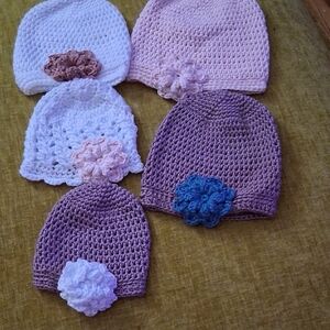 Handmade Crochet Kids Beanie Set - Pink, White, Purple